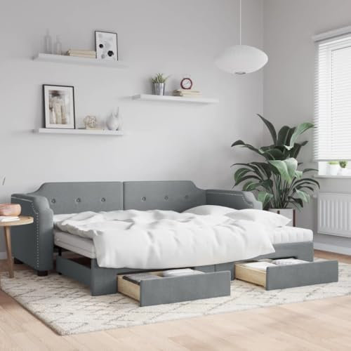 Hommdiy Tagesbett Schlafsofa Polsterbett,Sofabett Tagesbett,Einzelbett Gästebett mit Lattenrost Hellgrau 90 x 200 cm mit Bettkasten & Schublade & Matratze