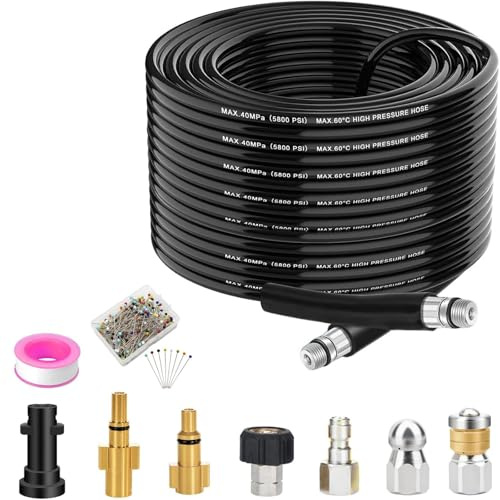 15M Pressure Washer Hose - Compatible with Karcher, Bosch and Lavor Pressure Washer, 400 Bar/5800 PSI Drain Hose Cleaning Kit Sewer Jetter Kit Includes 5 adapters, 2 nozzles
