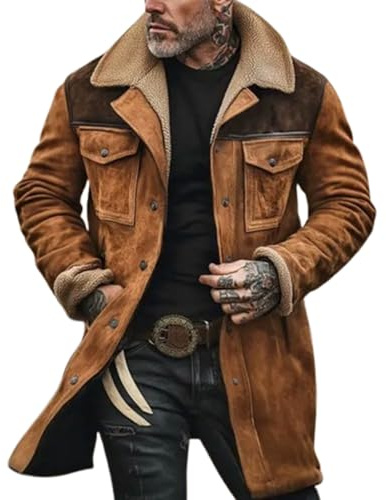 FGRID Veste Vintage en Faux Daim pour Homme, Manteaux de Cow-Boy Western à col en Peluche, Manteaux de Moto Longs et épais à Poches Multiples,Marron,XL