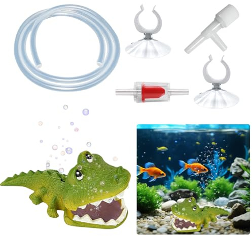 DIYBravo Aquarium Deko Luftsprudler Krokodil, Harz, Dekoration, Grün, Tier, Modern, Interaktive Dekoration mit Luftkontrollventil und Krokodilmaul Bewegung