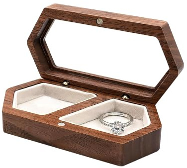 Alriedy Ringbox Hochzeit aus Walnussholz, Vintage Ringschatulle für 2 Ringe, Rechteckige Ehering Box mit Samt Innenpolsterung für Verlobungen, Hochzeiten und Jubiläen