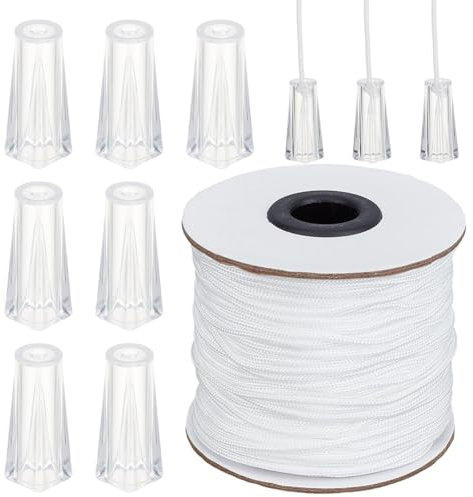 PH PandaHall 50m Cordino per Tende in Nylon Treccia per Veneziana 2 mm Cordino Bianco con 10pz Nappe in Plastica Trasparenti Corda per Tende Cordini di Trazione