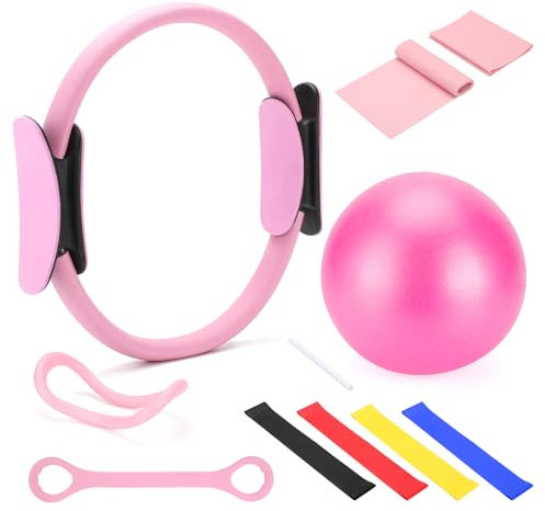 Jazcimdo 10 Teiliges Pilates Set, Pilates Ball Pilates Ring Zubehör Set für Zuhause, Pilates Essential Kit für Frauen mit Yoga Ball, Yoga Ring, Pilatesring und Zubehör für Stretching und Fitness
