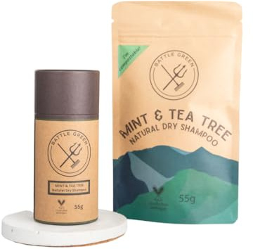 Battle Green Natural Dry Shampoo Powder Refill Pouch 55g (Mint and Tea Tree) Aerosol-Free, Vegan & Talc-Free, Eco-Friendly Zero Waste Hair Care for Volumizing & Refreshing Greasy Hair