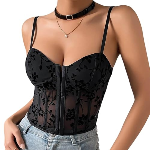 Fiohiros Lace Corset Tops for Women, Bustier Mesh Sexy Spaghetti Strap Boned Corset Going Out Top for Women (UK, Alpha, L, Regular, Regular, Black)