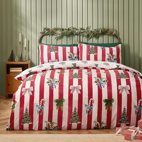 Catherine Lansfield Parure de lit Double réversible à Rayures de Noël avec taies d'oreiller Rouge