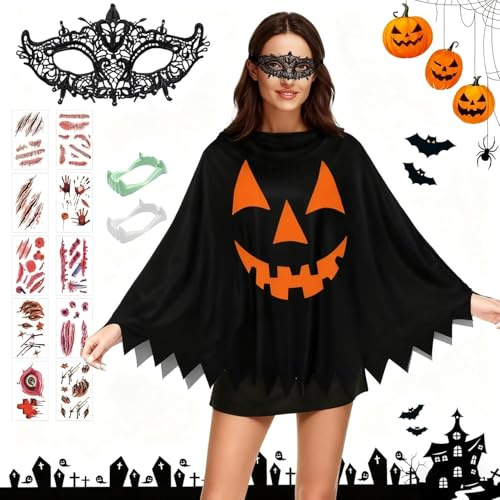 ZeiLaBang Kakadi Halloween Skelett Poncho,Halloween Kostüme für Frauen Skelett Umhang,Spinnennetz Cape Umhang Kostüm,Druck Langärmliges Fledermaus Kostüm,Kleidung für CosplayHalloween Karneval Party