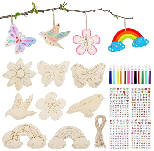 TranRantic 32 Stück Holzanhänger zum Bemalen, Bastelsets, DIY Holz Basteln mit Reichhaltiges Zubehör, Holz Anhänger für Bastelideen Geburtstag Geschenke