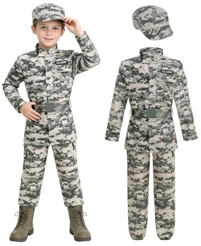 maxToonrain Costume militare per bambini 4 pezzi grigio verde mimetico per 10-12 anni