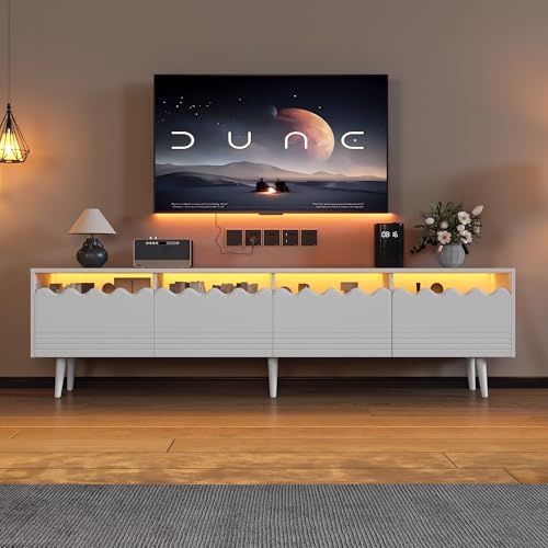 FammyLoft 176cm TV Schrank mit 2 Schubladen und 2 Schränken, TV Lowboard mit 6 Stützbeinen, Fernseher Schrank mit LED-Lichtstreifen für Wohnzimmer, TV-Tisch, TV-Ständer, Weiß