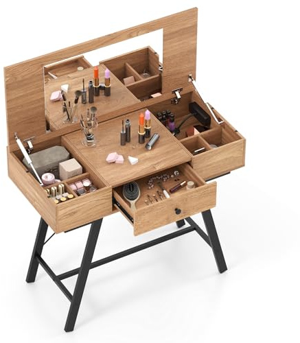 GIANTEX Schminktisch mit Spiegel, Kosmetiktisch mit Ladestation, Frisiertisch mit Schublade, 6 Aufbewahrungsfächern & Klappdeckel, Make-up-Schreibtisch mit Metallrahmen, Vanity Dressing Table, Natur