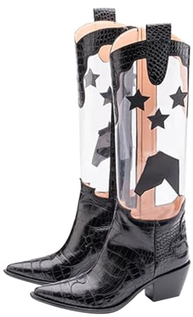 Stiefel für Damen, Wadenhoch, transparent, hohl, dicker Absatz, schwarz, Lackstiefel, wasserabweisend, leicht zu reinigen, Stiefel, spitzer Zehenbereich, Schlupfstiefel, Kostümparty, Outdoor, Schwarz