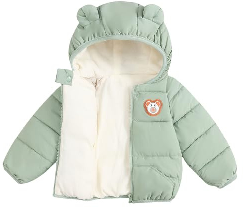 OBiQuzz Baby barn quiltad jacka, vinterjacka lätt dunjacka varm utomhusjacka med björnöron fritidsjacka med dragkedja huvjacka enfärgad klassisk pufferjacka (storlek 80–120), Grön, 90