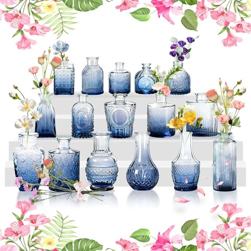 UISEBRT Kleine Vasen für Tischdeko, Vintage Mini Blumenvasen, Glasvasen für Hochzeit, Babyparty, Wohnungsdeko, Kleine Dekovasen für Blumen Pflanzen oder Geschenk,Blau 32er Set