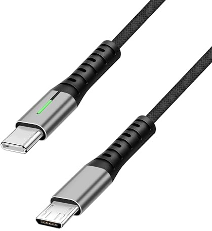 BIGtec Câble USB C vers micro USB - 0,3m - Adaptateur de charge - Câble de données LED en nylon - 12W - Pour téléphone portable, smartphone, appareil photo, tablette, Power Bank, GPS