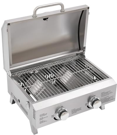 Barbacoa de gas de acero inoxidable, 2 quemadores, barbacoa plegable al aire libre, barbacoa portátil de gas de mesa con pieza de conexión y piedra para pizza, método de encendido piezoeléctrico, para