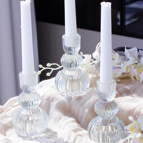 klar Kerzenständer-Glas für Stabkerzen, gerippte Stabkerzenhalter Glas | 3er-Set für Hochzeitstische, Vohocandle Vintage-Kerzenhalter Glas für tägliche Wohnkultur, Thanksgiving & Weihnachten
