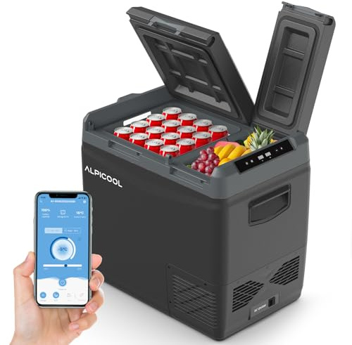 Alpicool KLS58 Frigo per Auto 47L con APP, 2026 Doppia Zona Frigorifero Portatile Elettrico 12/24V DC 100~240 V AC, Frigo Portatile per Camion Viaggio Picnic -20℃-20 ℃,con Scomparto Ghiaccio,Nera