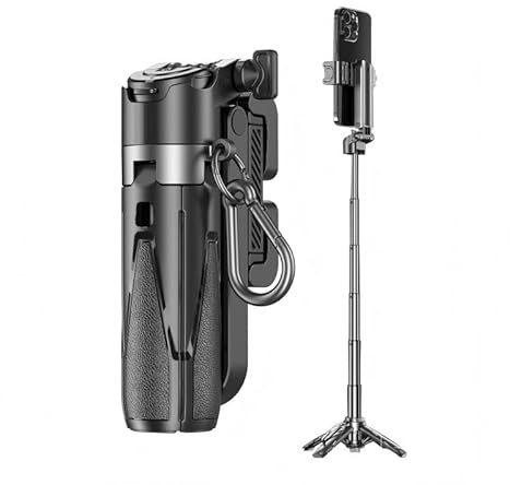 Selfie stick tripod, 3-in-1 adjustable mini with detachable button, suitable for long-distance selfies and group photos. Suitable for video stabilization and travel photography (Black)