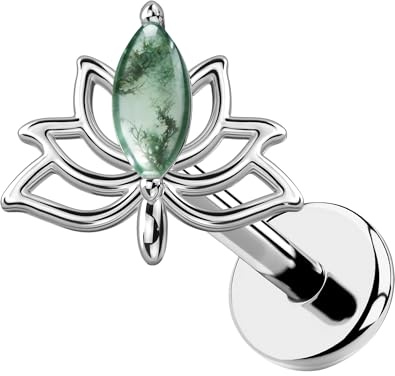 OUFER Body Piercing Lip Stud: Titanium Lotus Cartilage Earring 18G(1.0mm) Threadless Labret Bar with CZ/Moss Agate Helix Tragus Nose Lip Piercing Jewelry