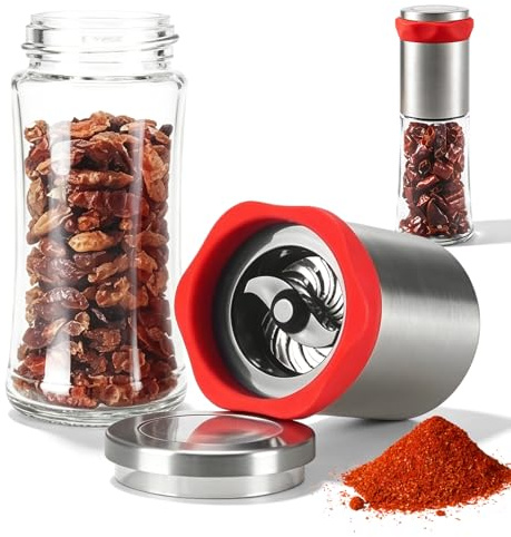 WARMWOO Macina peperoncino in acciaio inox e vetro: 2 pezzi 150 ml tagliappeperoncino per spezie grossolane e peperoncini secchi, macinapepe per cucina e casa, macinacaffè per spezie, macinacaffè