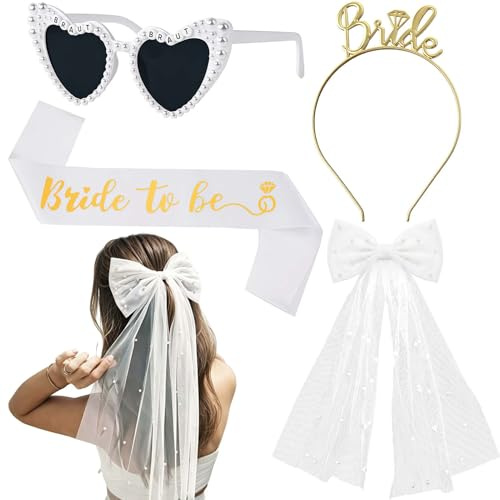 Bride to Be Schärpe Weißer 4 Stück JGA Accessoires Frauen Set, Junggesellenabschied Frauen Braut Accessoires Inklusive Bride Schärpe, Herz Sonnenbrille Perle, Schleier JGA, Tiara, für Brautparty