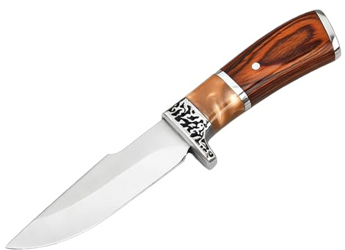 BOSREROY Couteau fixe outdoor, manche en bois rouge avec incrustations en résine, sculpture en alliage d’aluminium, lame de 9 cm, couteau de camping portable pour découper la viande au barbecue