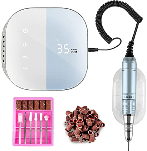 Madenia Nagelborrmaskin, Touchpro 35000 rpm, elektrisk nagelfil, kraftfull, e-fil, professionellt elektriskt manikyr-/pedikyrset med HD digital skärm, låg ljudnivå, låg vibration, grå (blå)