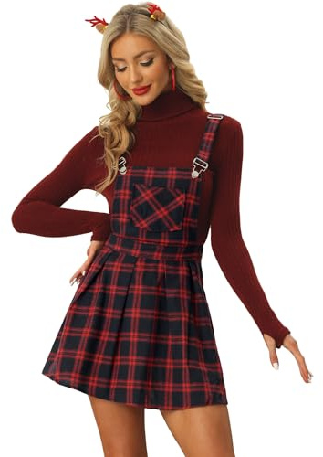Allegra K Damen Karo Verstellbarer Träger Latzhose Overall Kleid Strapsrock, rot, blau, S