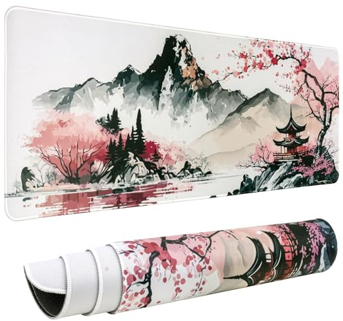 JINJIASC Large Mouse Mat Gaming Mouse Pad 31.5 x 11.8 in Desk Mat Desk MatNon-Slip Rubber Base, Waterproof Surface, Durable Stitched Edges, Laptop Desktop Mousepad (Sakura)