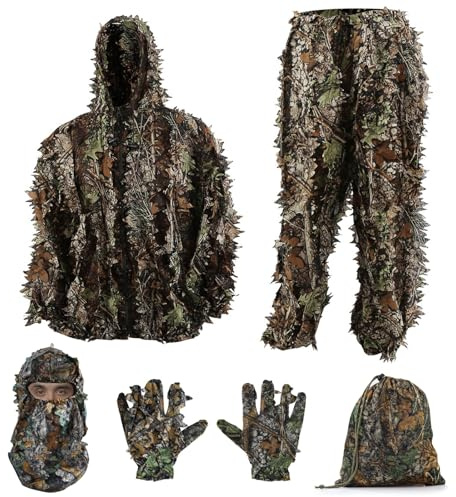 Ghillie Suit Camouflage 3D Leaf Hunting Chasse Outdoor Airsoft Camo Clothing with Hunting Gloves for Men (Height 4.9-5.9ft)