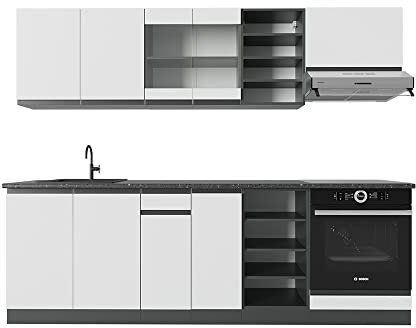 Vicco Küchenzeile R-Line, Küchenblock, Weiß/Anthrazit, 240 cm, AP Anthrazit