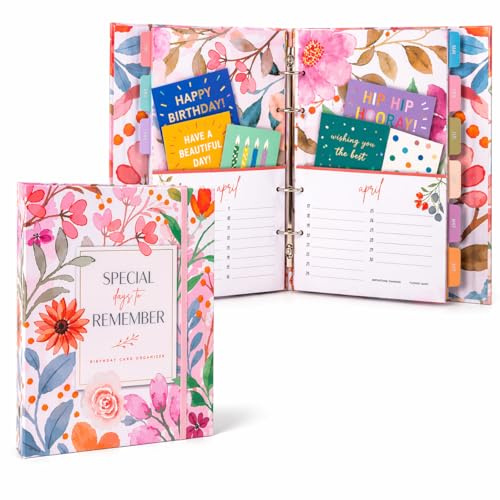 Paper 'n Such Organiseur de cartes de vœux avec poches – Couverture rigide – Livre d'anniversaire floral – Calendrier perpétuel et dates à retenir – Noël, vacances, rappels d'anniversaire