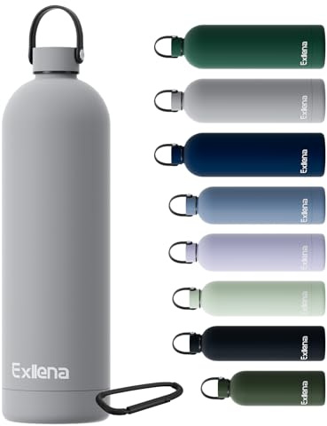 Exllena Insulated Water Bottles 1.5l with Handle Lid and Carabiner, Double Wall Vacuum Drinks Bottle Keeps Drinks Cold 24 Hrs/Hot 12 Hrs, Stainless Steel Water Bottle BPA Free(Grey)