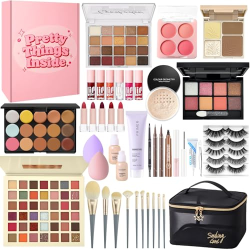 Muiefe All-in-One Makeup Full Kit for Teen Girls & Women | Complete Makeup Gift Set with Foundation, Primer, Eyeshadow Contour Palette, Lip Gloss, Eyebrow Pencil, Mascara & Cosmetic Brushes