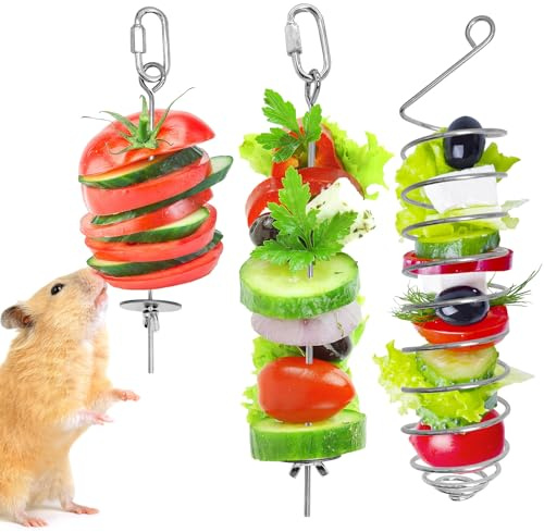 Apatal 3 PCS Rat Enrichment Toys Stainless Steel Rat Foraging Toy | Hanging Slow Feeder Mice Fruit Vegetable Skewer Food Holder Cage Accessories for Rodent Dwarf Hamster Gerbil