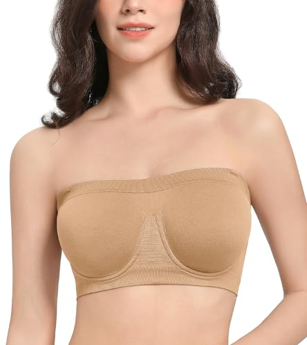 Lemorosy Trägerloser BH mit Bügel Damen Bralette Nahtloser Ungepolstert Bandeau Multiway BH (Beige XL)