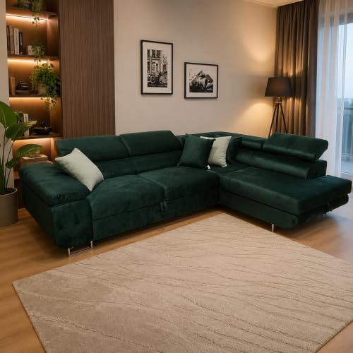 KMK GNYCH Sofa Aston 272x203x88 cm, Schlaffunktion, Grün, Rechts | L-Form Sofa, Modern Couch mit Bettkasten, Weiches Ecksof fürs Wohnzimmer, Schlafsofa, Eleganter Monolith Stoff
