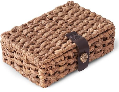 Pasuihcay Boîte de rangement décorative tissée avec couvercle, motif jacinthe d'eau, panier de rangement en osier pour étagère, table basse petite