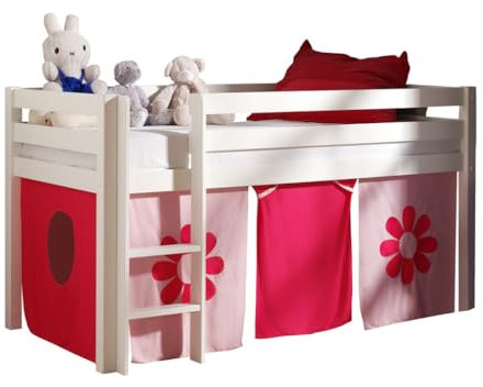 VIPACK PICOHSZG1473 Spielbett Pino mit Textilset Pink Flower, Maße 210 x 114 x 106 cm, Liegefläche 90 x 200 cm, Kiefer massiv weiß lackiert