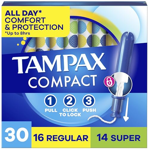 Tampax Compact Pearl Tampons Multipack, with LeakGuard Braid & Extendable Applicator, Regular/Super Absorbency, Compact Extendable Applicator, Unscented, 30 Count