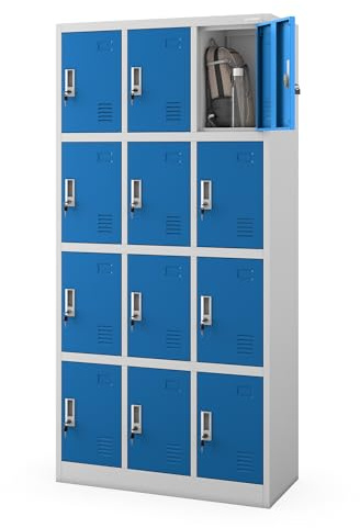 Jan Nowak Armario para Vestuario 3B4A Taquilla Metálico con 12 Compartimentos Ranuras de ventilación Recubrimiento de Polvo 185 cm x 90 cm x 40 cm (Gris-Azul)