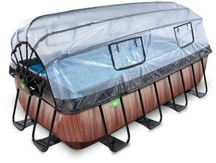 EXIT Toys Wood Pool con Cubierta Multifuncional - 400x200x100cm - Piscina de Marco Rectangular con Bomba de Filtro de Arena y Escalera de Piscina - Extra Profunda - para Agua Limpia y Cálida - Marrón