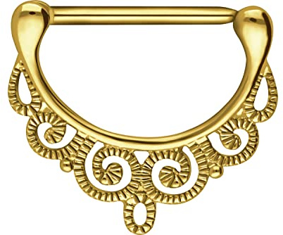 PIERCINGLINE Piercing per capezzolo n acciaio chirurgico, design orientale, piercing torace capezzolo, Lunghezza barretta: 16 mm., colore: oro