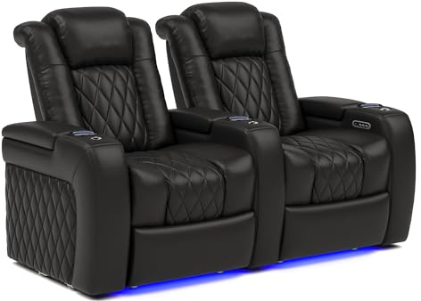 Valencia Tuscany Home Theater Seat - Nappa Leather Power Recliner with Cool Gel Memory Foam, USB-C/USB-A Charging, RGB LED Lights, Adjustable Lumbar & Headrest (Row of 2, Black)