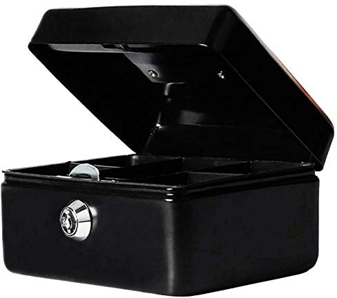 Money Bank Cash Deposit Box Steel Tin Security Safe Petty Key Coin Tray Lockable Metal School Office Home Market Stall UK Free P&P (Black, 8 INCH)
