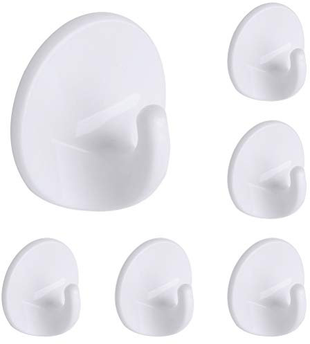 kuou 6 Packs Self Adhesive Plastic Hooks, Seamless Wall Hooks Heavy Duty Stick On Multi-Purpose White Hooks for Kitchen Bathroom Office Closet