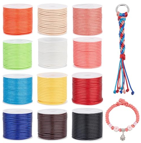 PH PandaHall 132 Yards Waxed Cord Set, 12 Colours 2mm Polyester Thread Beading String Wax String Macrame Cord for Bracelet Making Necklace Jewellery Making Knotting Beading Craft Projects