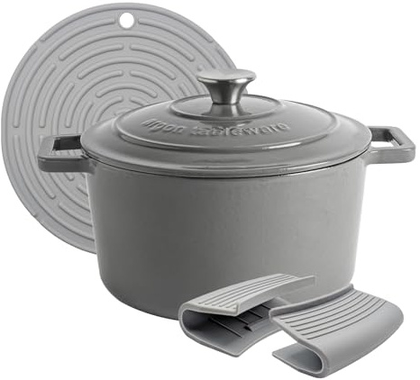 Argon Tableware 4.5L Round Cast Iron Casserole Dish with Self-Basting Lid - Slate Grey - Induction Hob Cooking 4.75QT Dutch Oven Bread Baking Serving Roasting Stew Stock Pot Cookware Pan