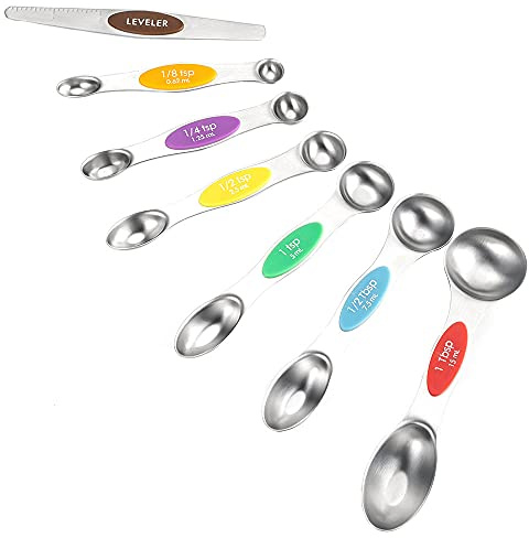 ANCLLO Magnetische Messlöffel, Edelstahl, doppelseitig, Messlöffel-Set für trockene und flüssige Zutaten, Teelöffel, Messlöffel, passt in Gewürzgläser (bunt)